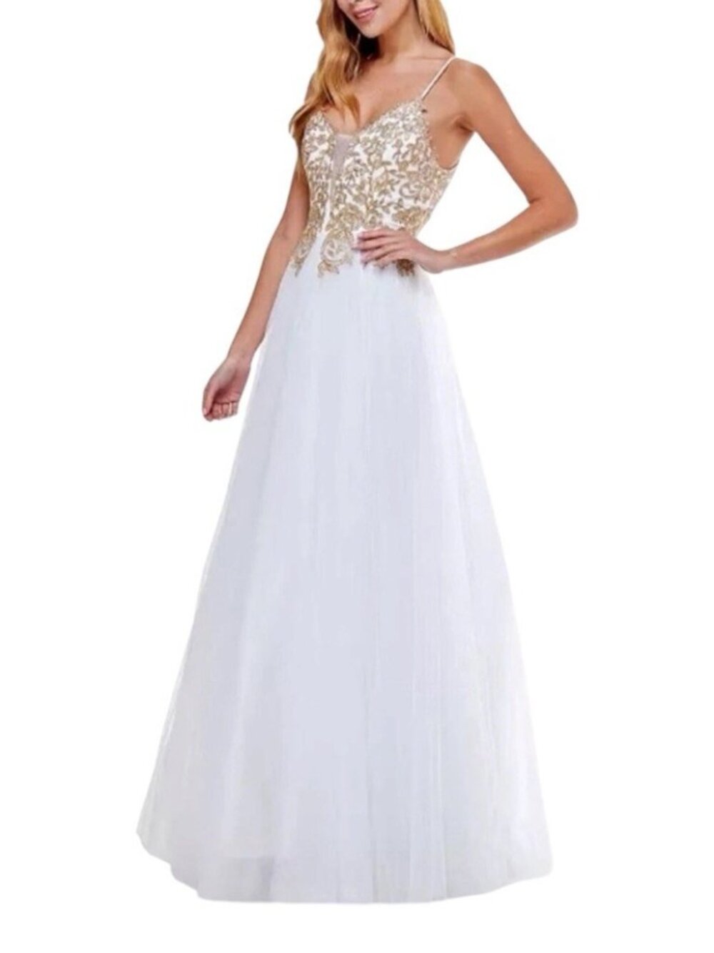 Say Yes To The Prom White Lace Up Gold Floral Rhinestone Prom Gown Dress Size 1